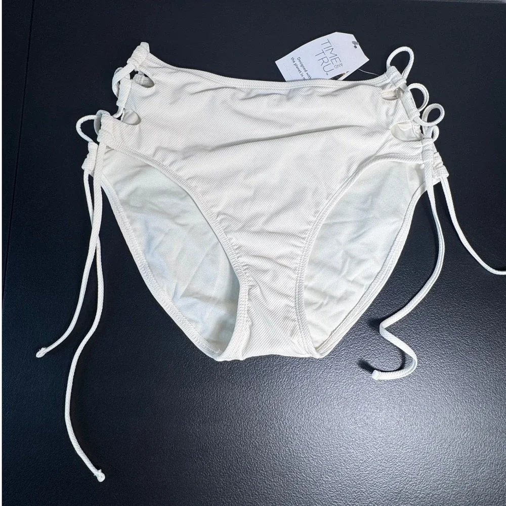 Time and Tru Women Vanilla Dream Ribbed High Waist Lace-Up Bikini Bottom M 8-10